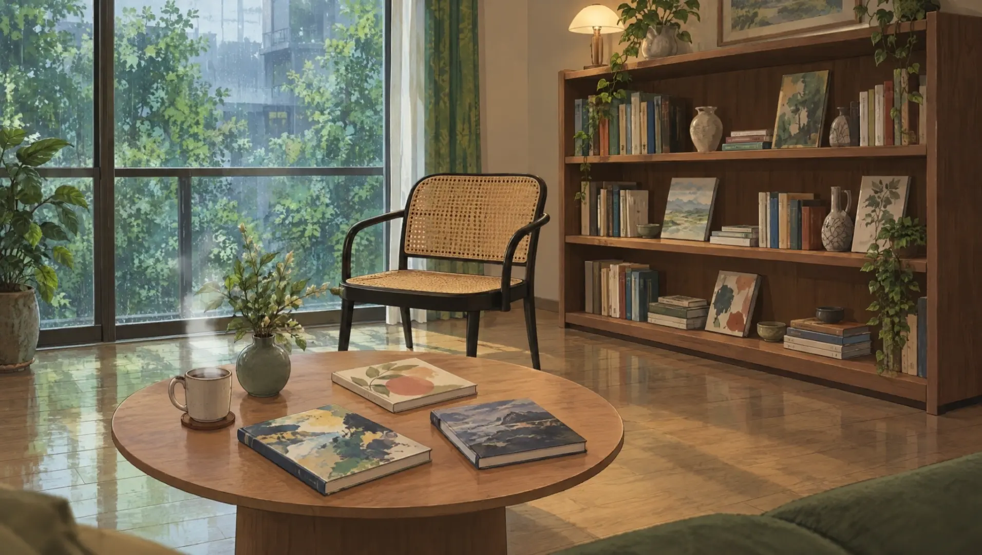 Rainy afternoon reading room with three illustrated books on a coffee table and a wooden bookshelf beyond.