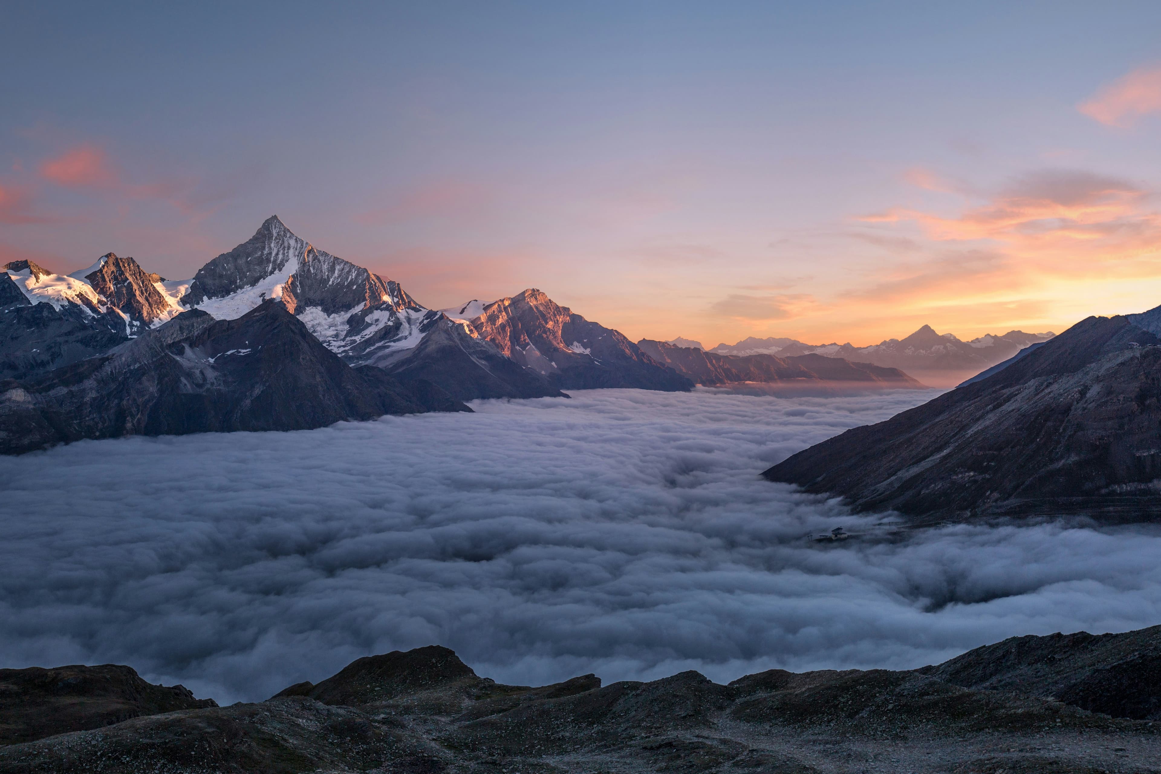 Mountain ridges fading into morning haze